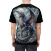 Dark blue and gold scales, moody clouds, ancient ruins, and a glowing moon cover this 3D graphic t-shirt with a mystical vibe.
