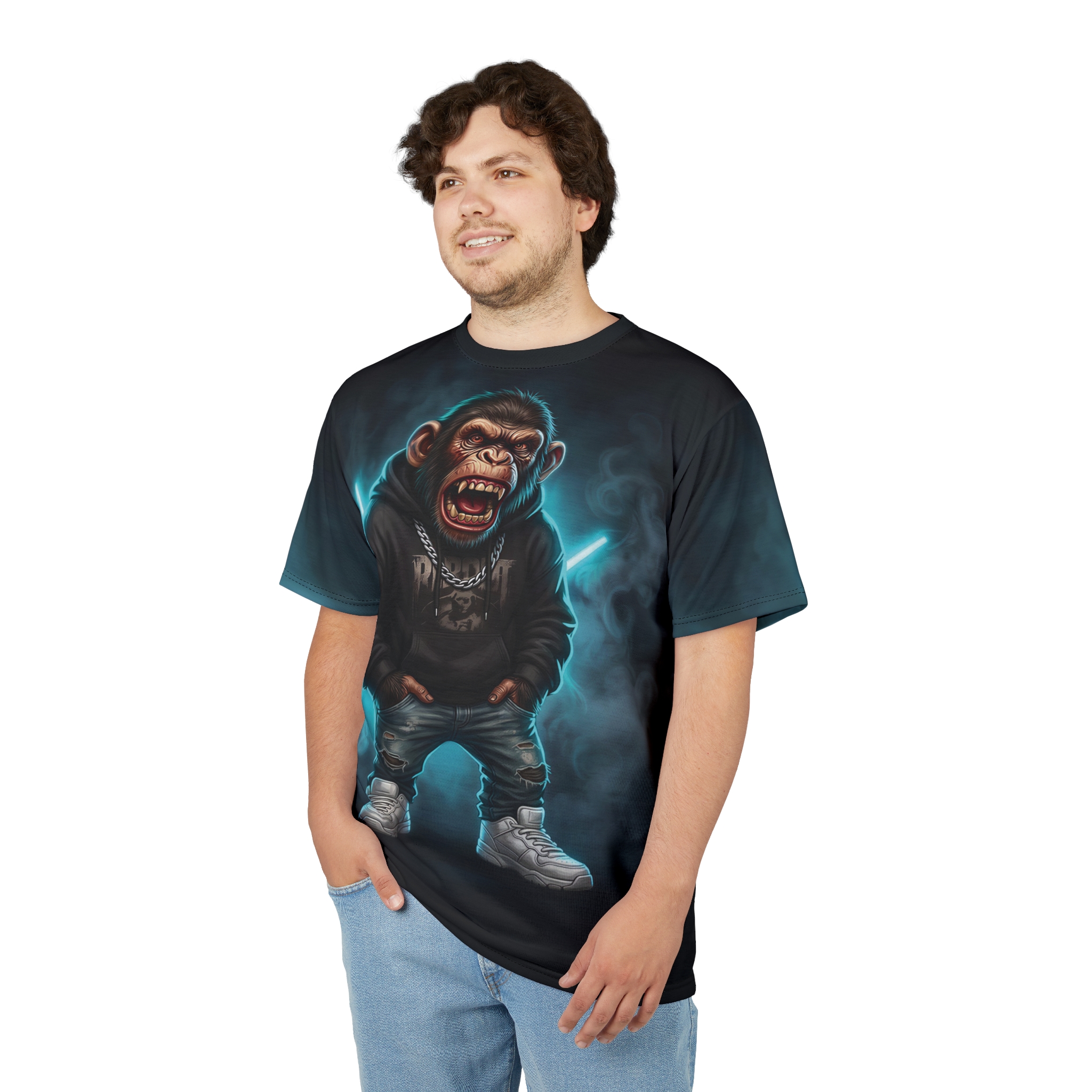 Gritty black, electric blue glow, and ripped denim patterns cover this patterned tee shirt with a fierce chimp graphic.