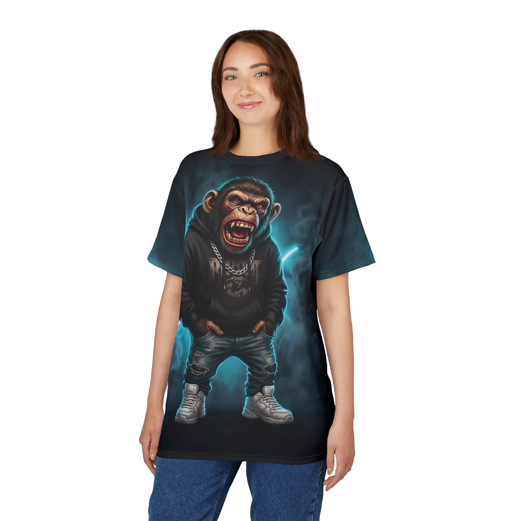 A punk chimpanzee in a hoodie and ripped jeans, surrounded by glowing blue smoke, covers this all over print apparel with a bold graphic.