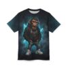 Dark blue smoke and neon blue geometric shapes cover this 3D graphic t-shirt with a bold chimp graphic.