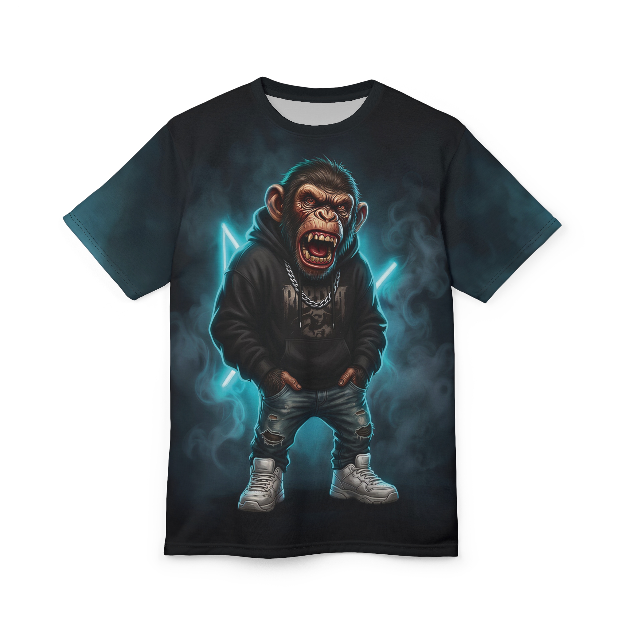 Dark blue smoke and neon blue geometric shapes cover this 3D graphic t-shirt with a bold chimp graphic.