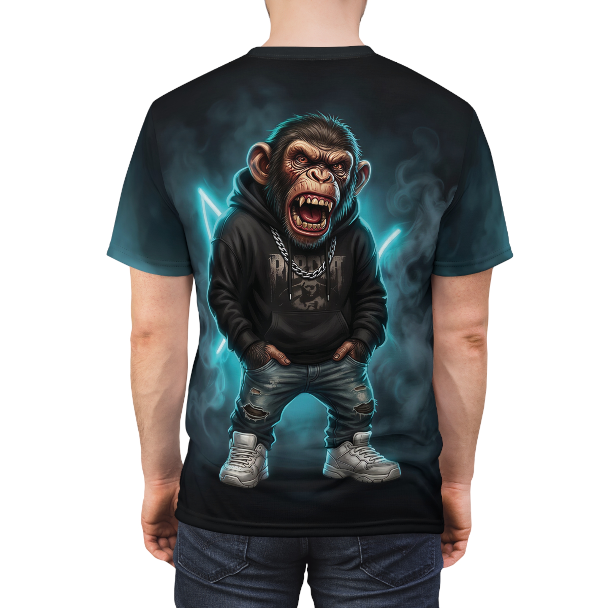 Blue neon lightning bolts and smoke patterns cover this graphic streetwear tee with a punk chimp, ready to drop a beat.