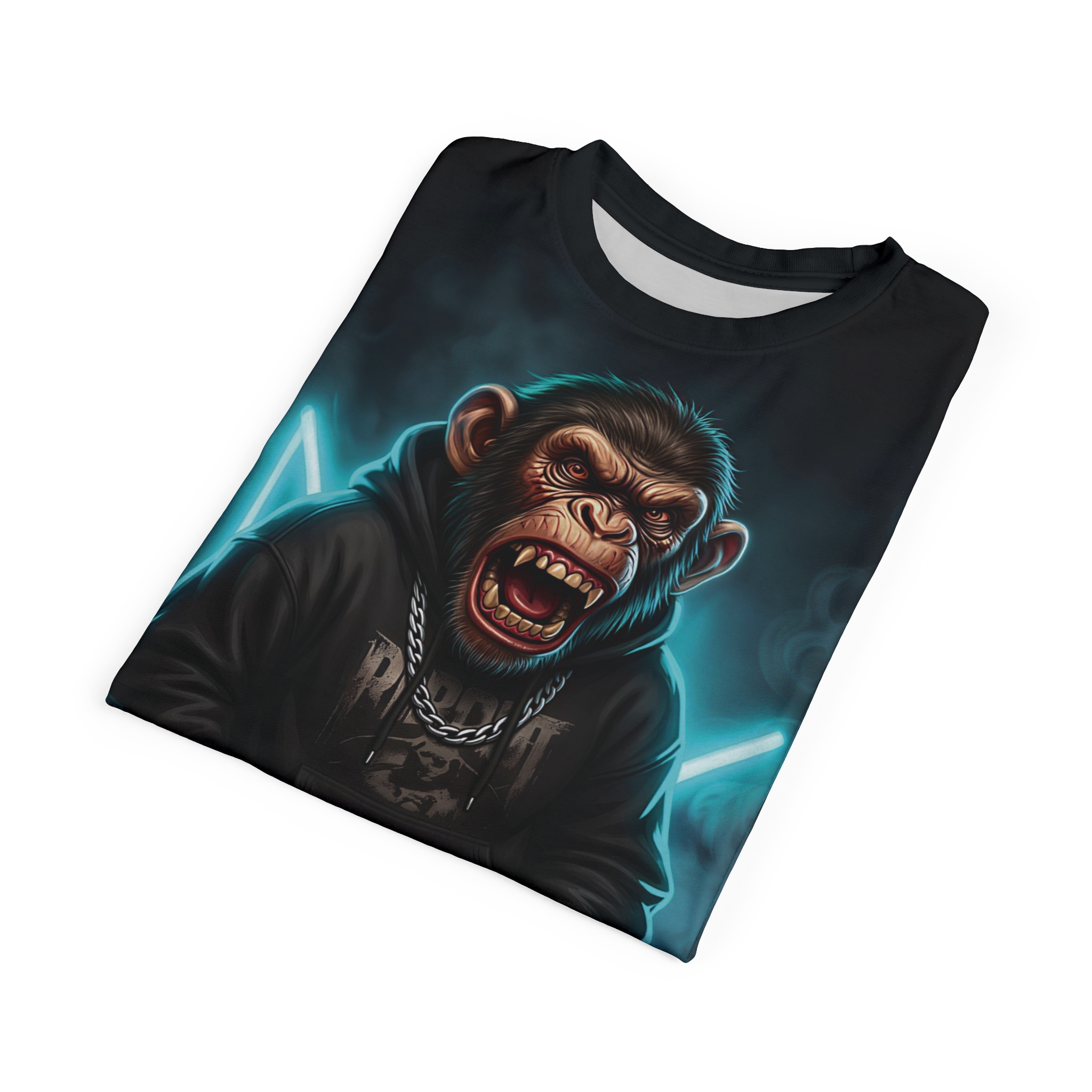 Aggressive chimpanzee wearing a chain and hoodie, surrounded by neon blue lights, covers this oversized full print tee.
