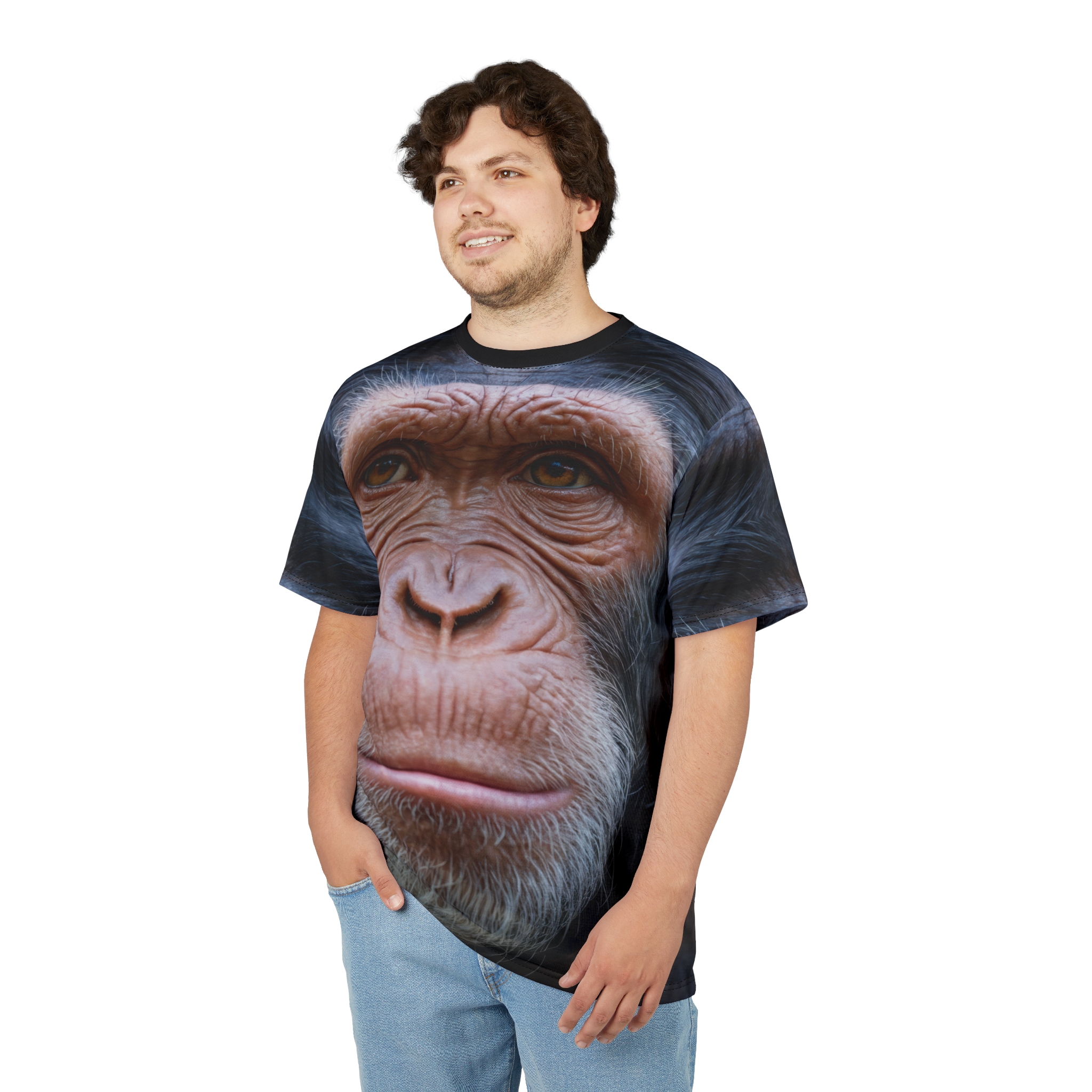 Realistic brown eyes, wrinkled skin, and grey fur cover this seamless pattern tee for a striking look.