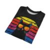 Bold yellow, red, pink, and blue stripes with distressed texture cover this patterned tee shirt with a cool cat graphic.