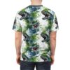 Roaring green raptor dinosaur all over print sublimation tee with dynamic green splashes and water effects.