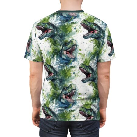 Roaring green raptor dinosaur all over print sublimation tee with dynamic green splashes and water effects.