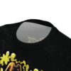 Black and grey distressed textures cover this graphic streetwear tee, featuring neon yellow flames and a skeleton cowboy design.