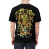 Yellow, orange, and teal skeleton cowboy with guns and smoke cover this seamless pattern tee with a bold graphic.