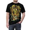 Yellow and orange skull cowboy with guns and ammo on a black textured shirt.