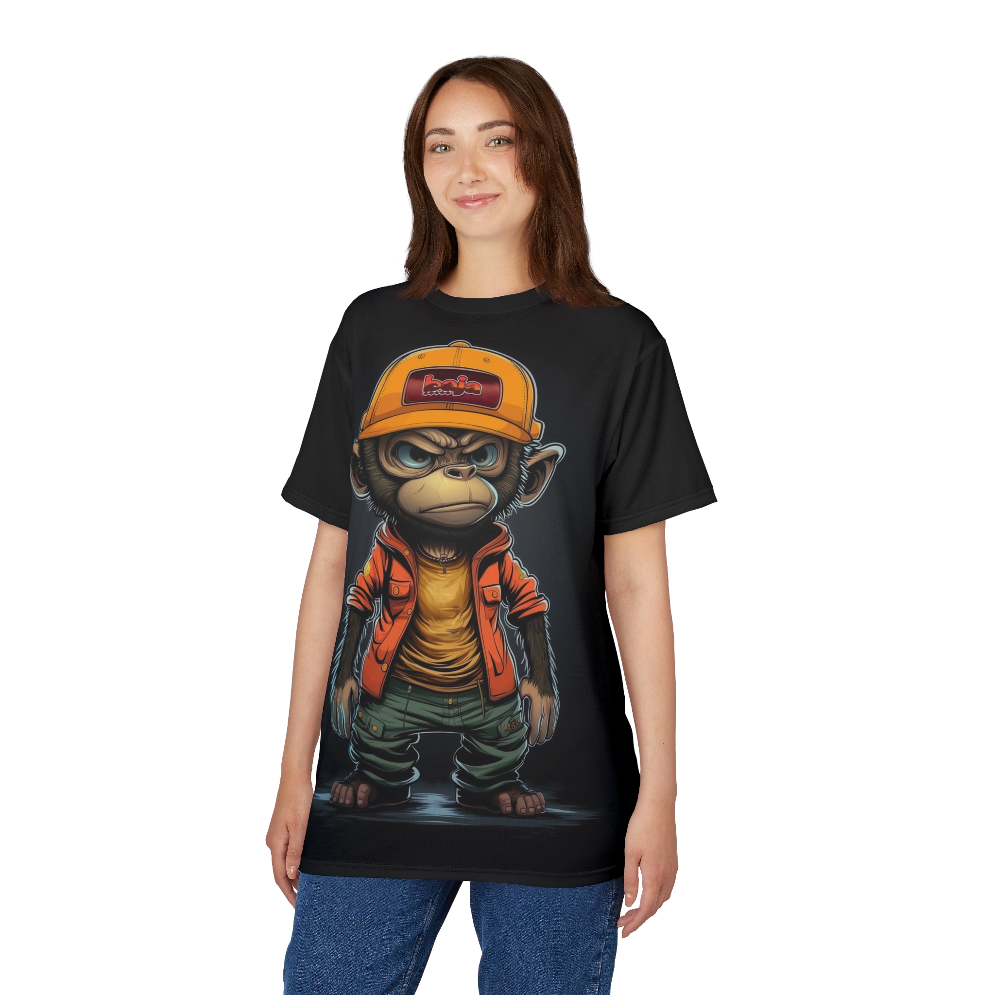 A grumpy monkey wearing an orange cap and jacket covers this all over print t-shirt with a rebellious vibe.