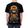 A stylized monkey in a yellow cap and orange jacket with green pants covers this all over print apparel with a street art vibe.