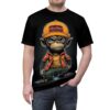 Orange cap with red logo and a cartoon monkey in an orange jacket and green pants cover this full print shirt with a cool vibe.