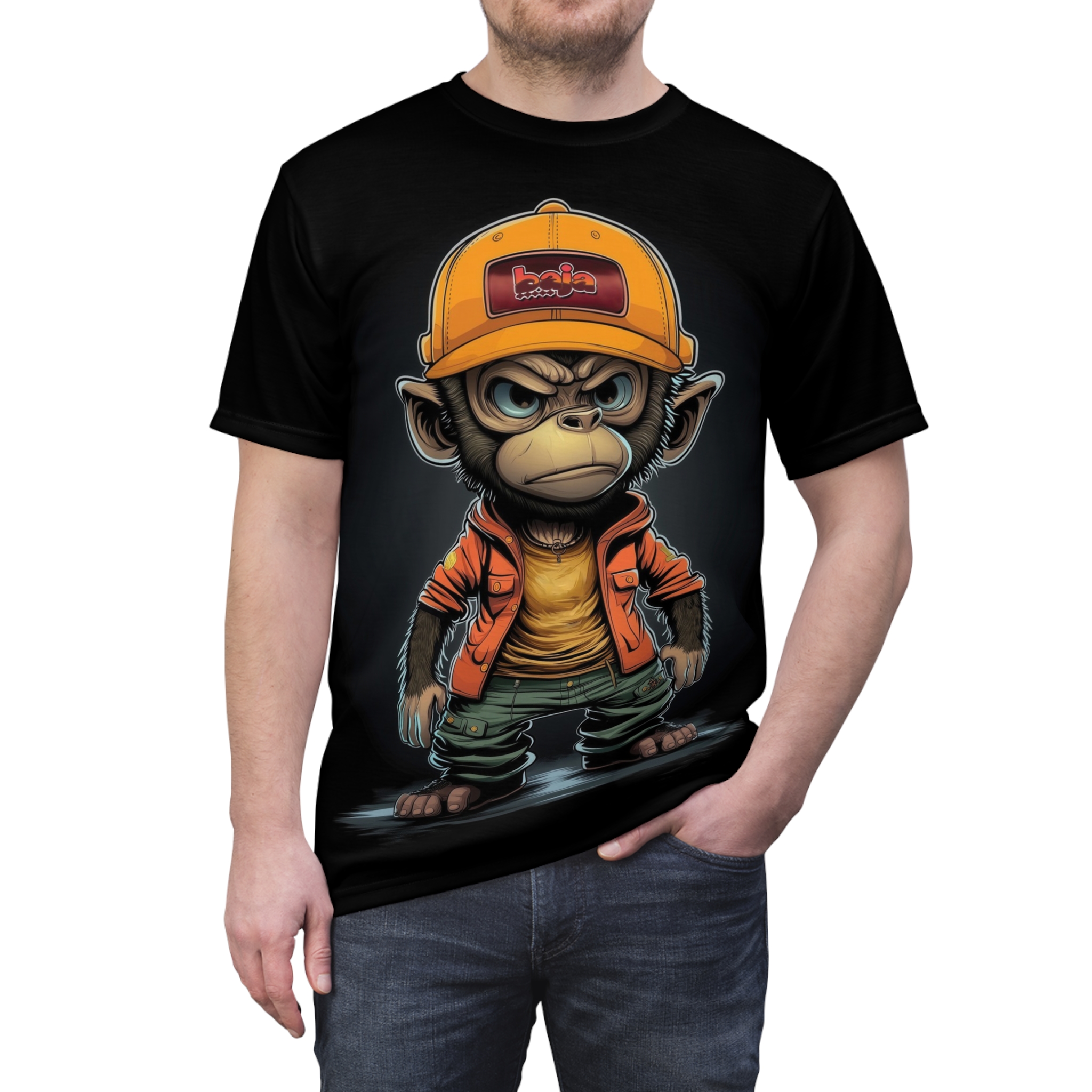 Orange cap with red logo and a cartoon monkey in an orange jacket and green pants cover this full print shirt with a cool vibe.