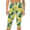 Stylish Tropical Monstera Capri Leggings – Yellow / Green Leaf Print – soft and flexible women’s capri leggings - Detail View 2