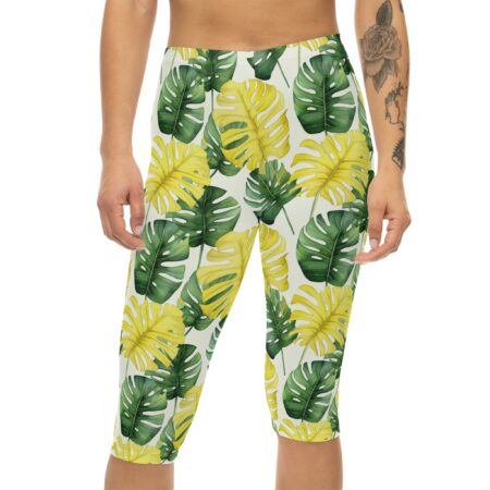 Stylish Tropical Monstera Capri Leggings – Yellow / Green Leaf Print – soft and flexible women’s capri leggings - Detail View 2