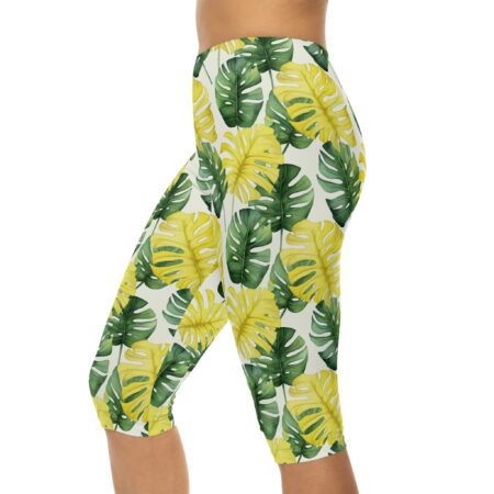 Comfortable Tropical Monstera Capri Leggings – Yellow / Green Leaf Print – flattering capri-length all-over print leggings - Main View