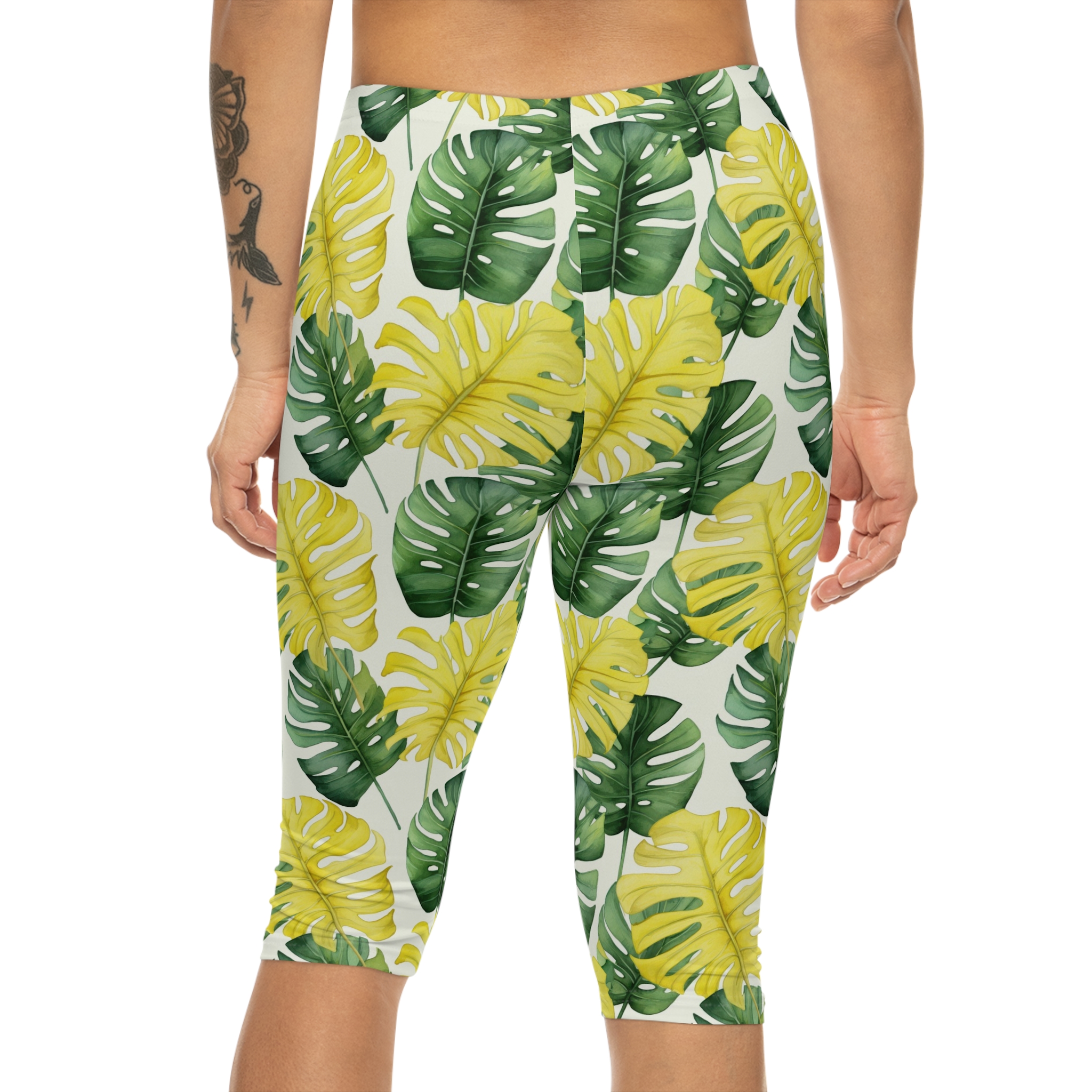 Tropical Monstera Capri Leggings – Yellow & Green Leaf Print 8 Toasted Styles