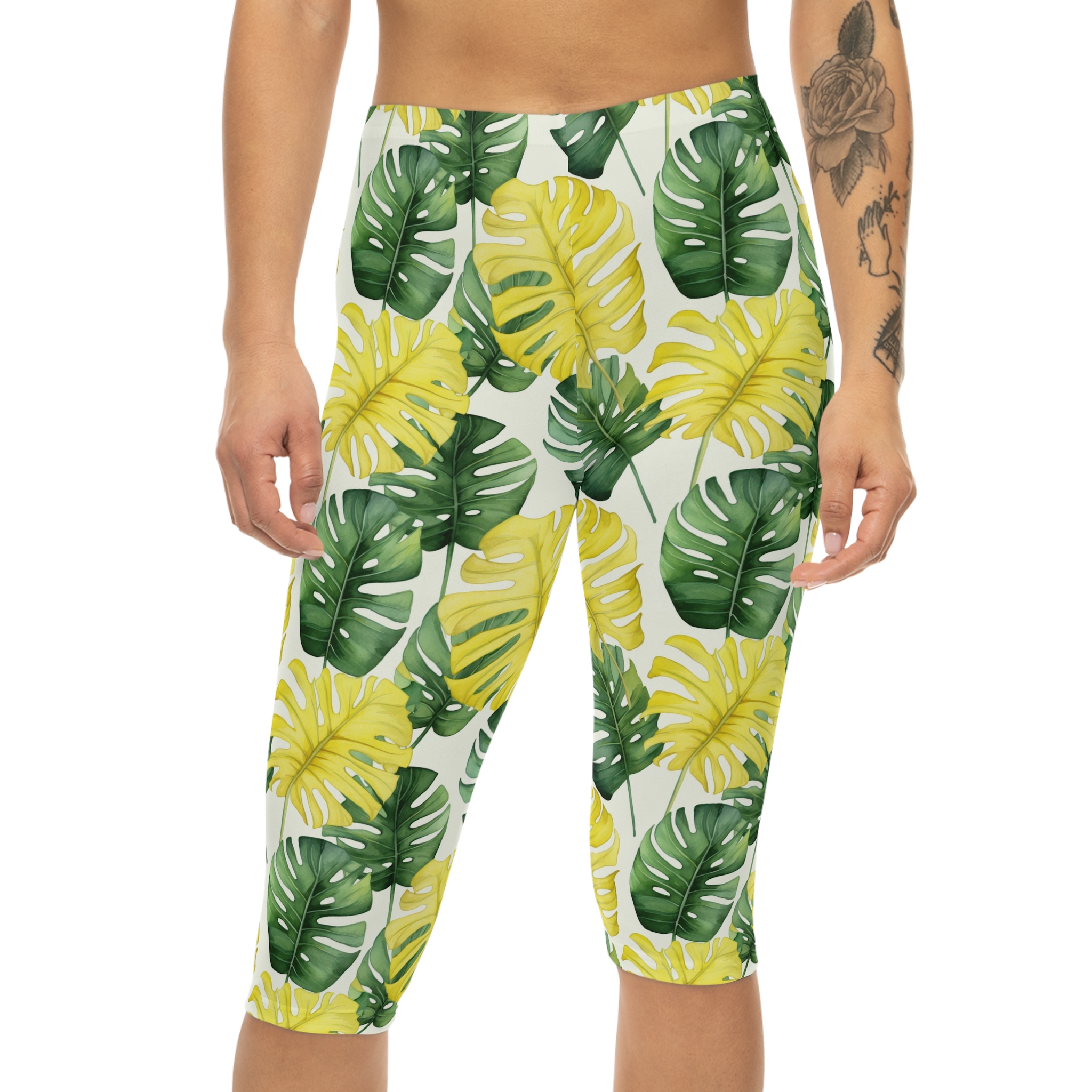 Tropical Monstera Capri Leggings – Yellow & Green Leaf Print 7 Toasted Styles