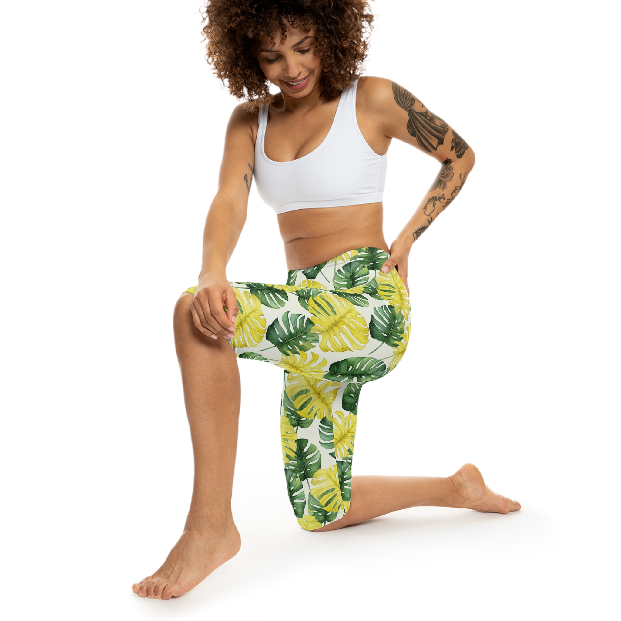 Tropical Monstera Capri Leggings – Yellow & Green Leaf Print 10 Toasted Styles
