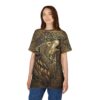 Metallic gold and dark brown Norse knotwork, runes, and a detailed wolf head cover this patterned tee shirt.