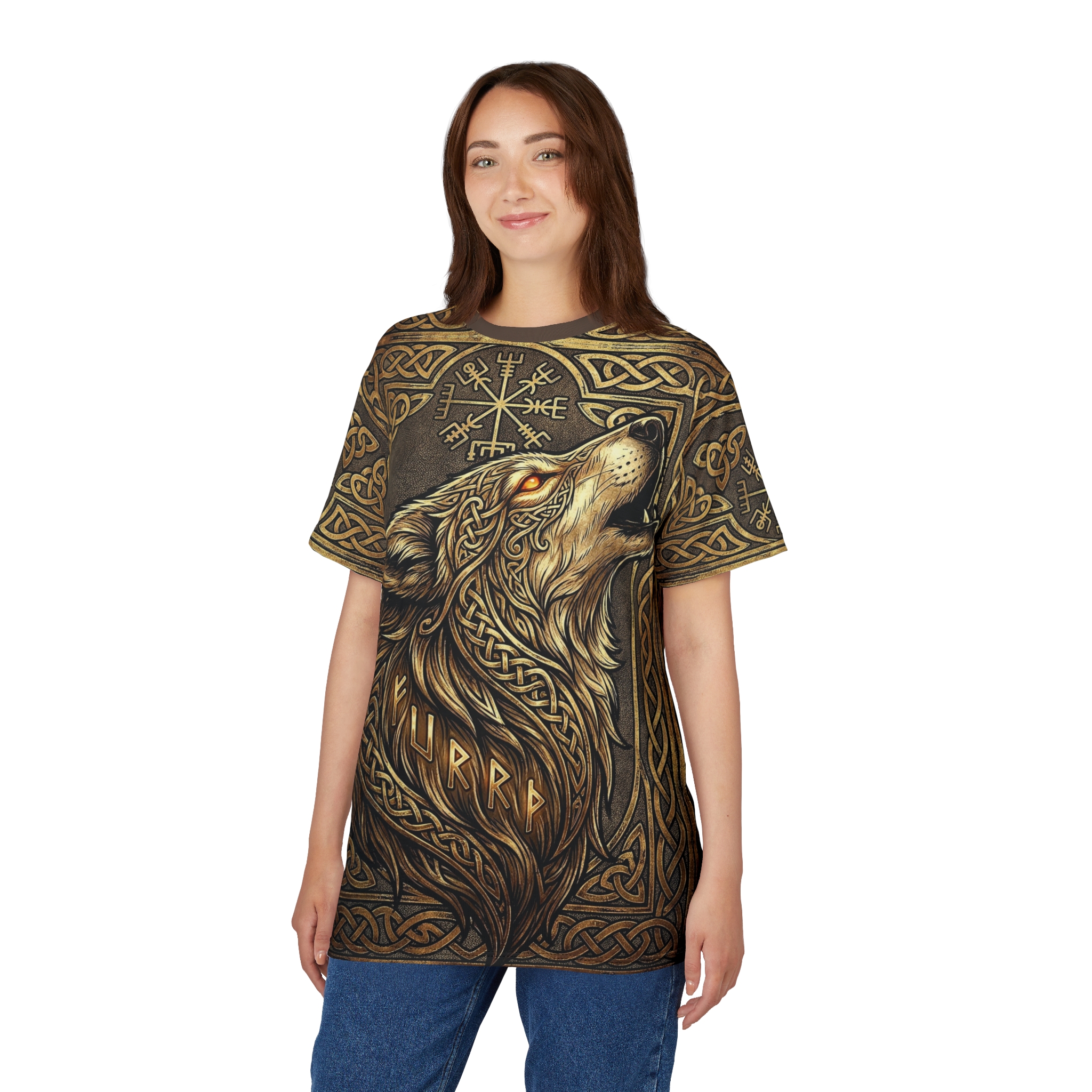 Metallic gold and dark brown Norse knotwork, runes, and a detailed wolf head cover this patterned tee shirt.