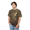 Gold and brown knotwork, runes, and a wolf graphic cover this 3D graphic t-shirt with a fierce, all-over design.