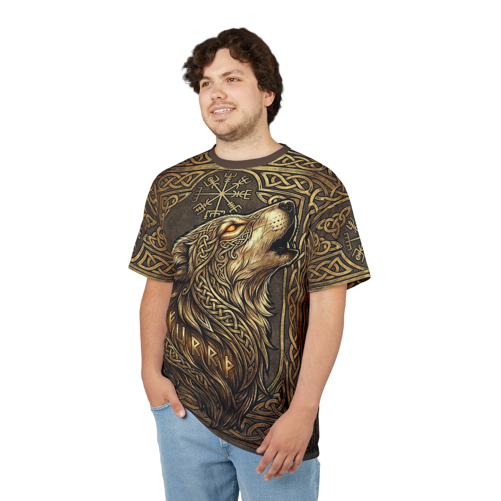 Gold and brown knotwork, runes, and a wolf graphic cover this 3D graphic t-shirt with a fierce, all-over design.