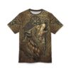 Gold and brown knotwork patterns with a wolf and runes cover this graphic streetwear tee with a Norse vibe.