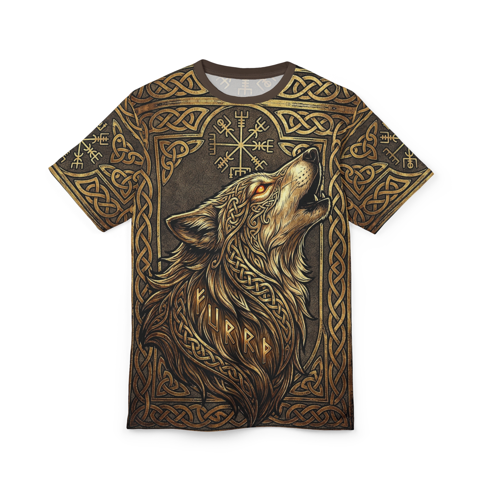 Gold and brown knotwork patterns with a wolf and runes cover this graphic streetwear tee with a Norse vibe.