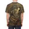 Gold knotwork and runes surround a howling wolf with fiery eyes on this textured shirt.