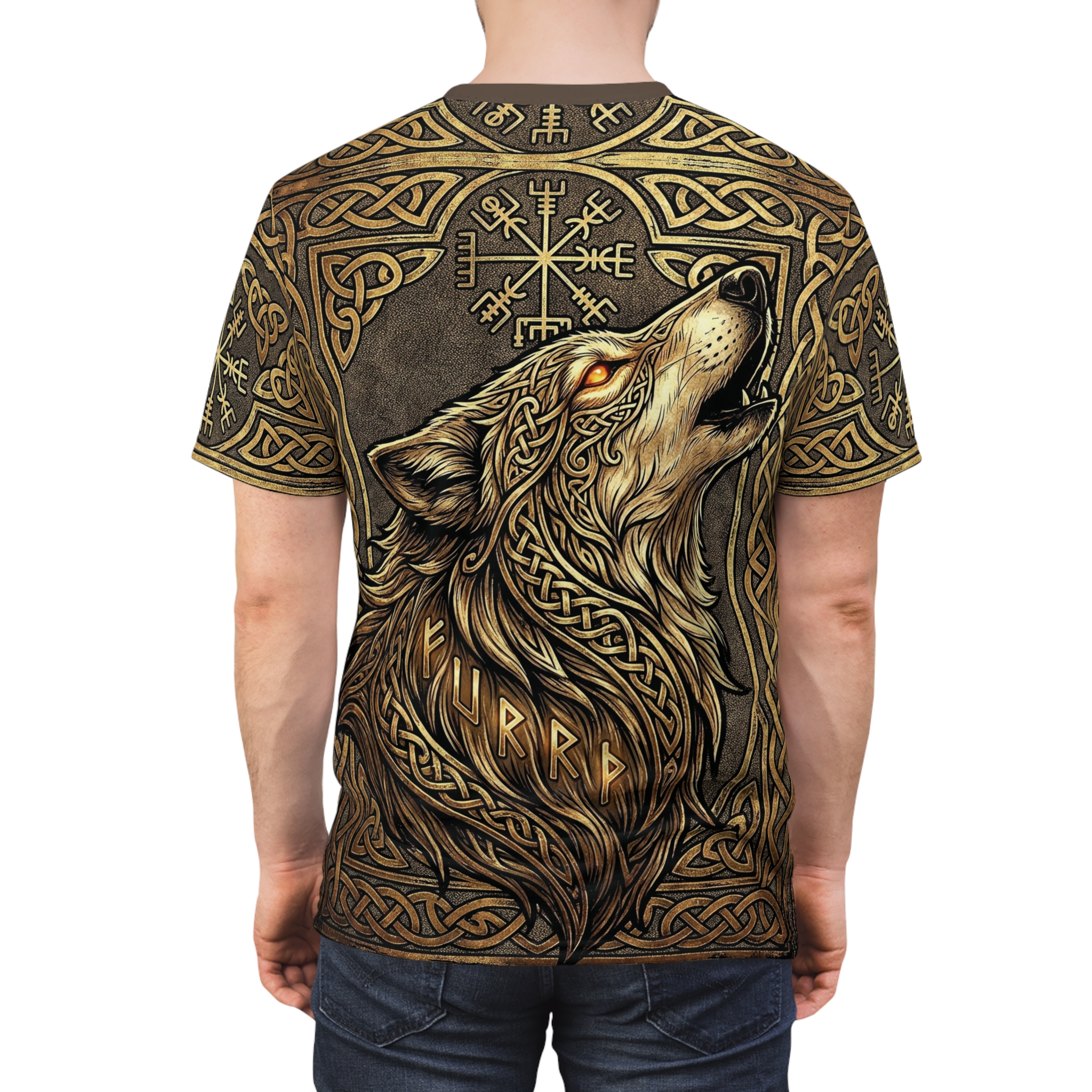 Gold knotwork and runes surround a howling wolf with fiery eyes on this textured shirt.