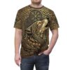 Gold and brown Celtic knots, a wolf with glowing eyes, and Norse runes cover this oversized full print tee with a bold statement.