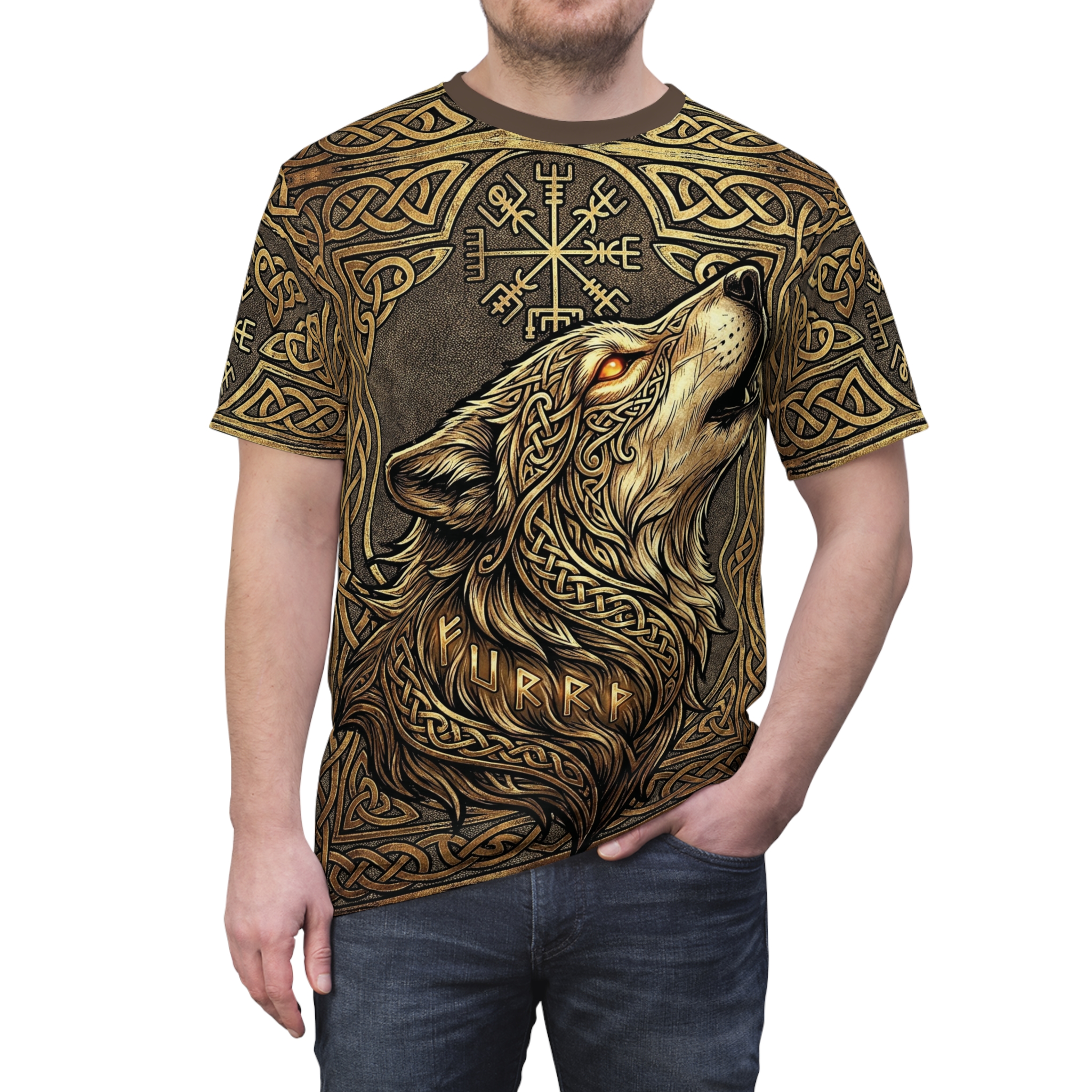 Gold and brown Celtic knots, a wolf with glowing eyes, and Norse runes cover this oversized full print tee with a bold statement.