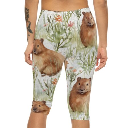 Stylish Women’s Capri Leggings with Watercolor Prairie Dogs Floral Print – soft and flexible women’s capri leggings - Detail View 2