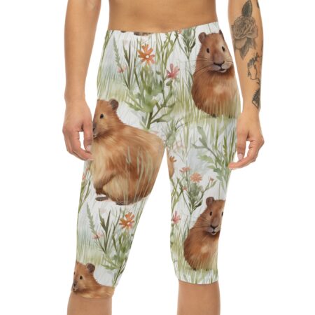 Sleek Women’s Capri Leggings with Watercolor Prairie Dogs Floral Print – breathable activewear capri leggings - Main View