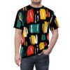 Bold red, yellow, teal, and white abstract brushstrokes on a black background cover this sublimation graphic tee, creating a dynamic, modern art feel.