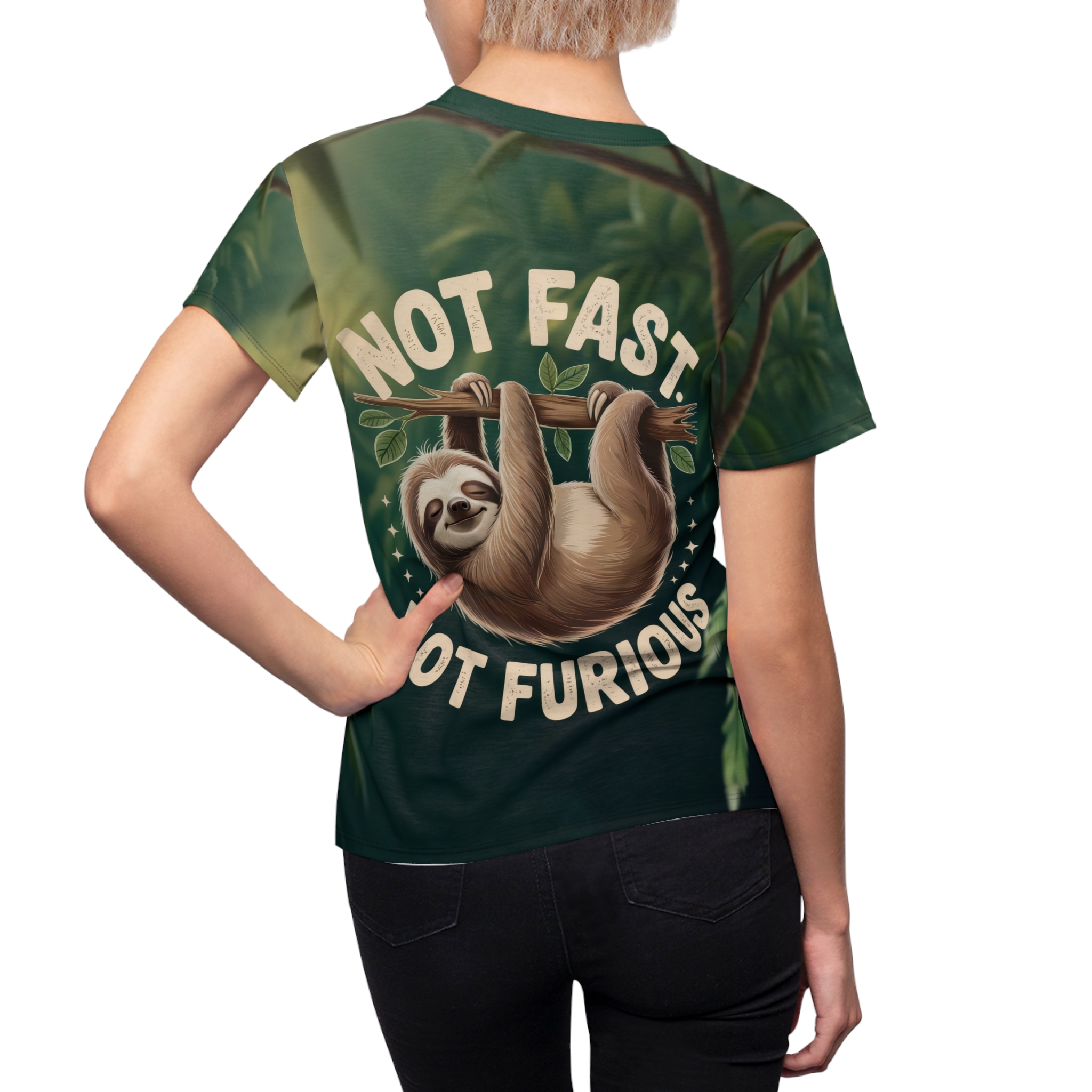 Womens All Over Print Sloth Tee: Not Fast, Not Furious, Funny Sloth Shirt