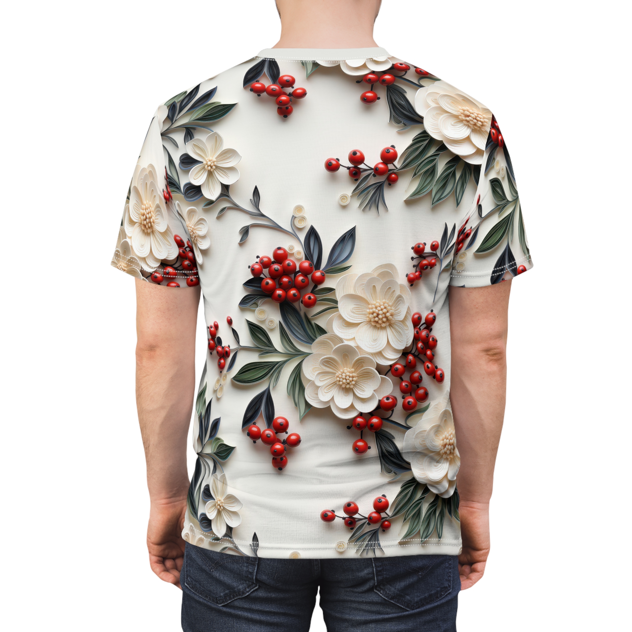 Cream fabric with textured white flowers, red berries, and dark green leaves creates a botanical design across this graphic streetwear tee.