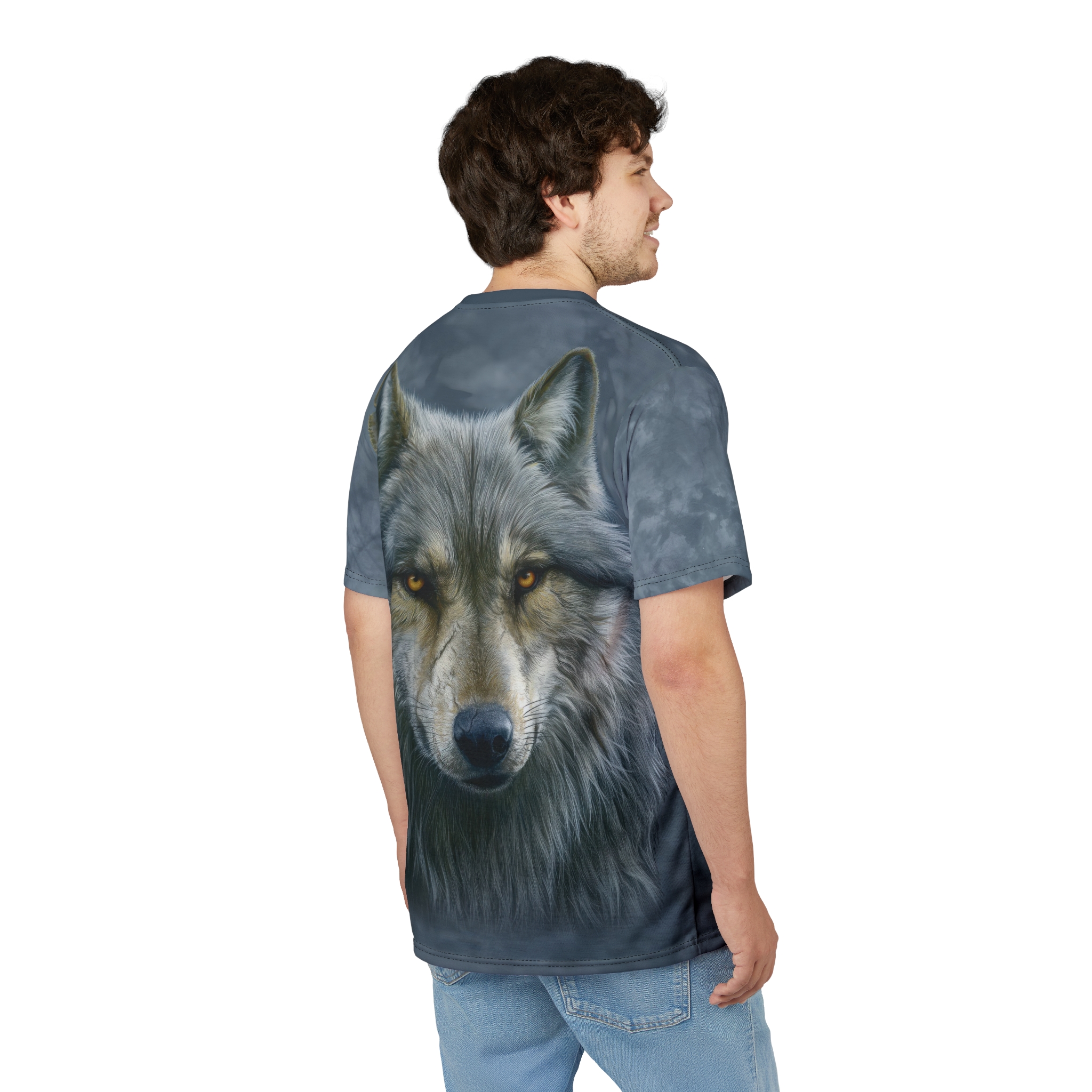 Grays and smoky textures cover this graphic streetwear tee, depicting a realistic wolf's face with piercing amber eyes and detailed fur.
