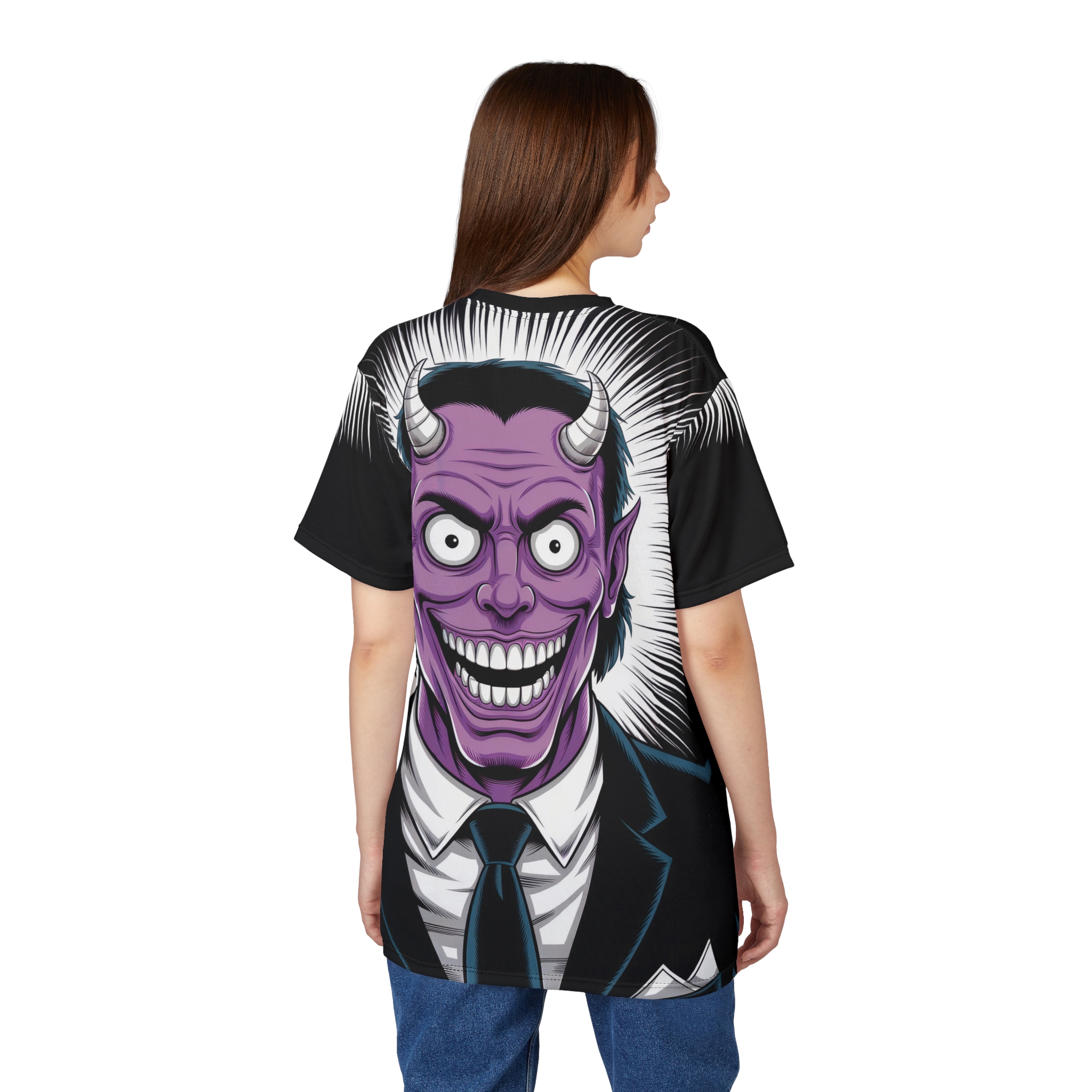 Black and white radiating lines surround a detailed purple demon's face with sharp horns and a wide grin, wearing a suit and tie.