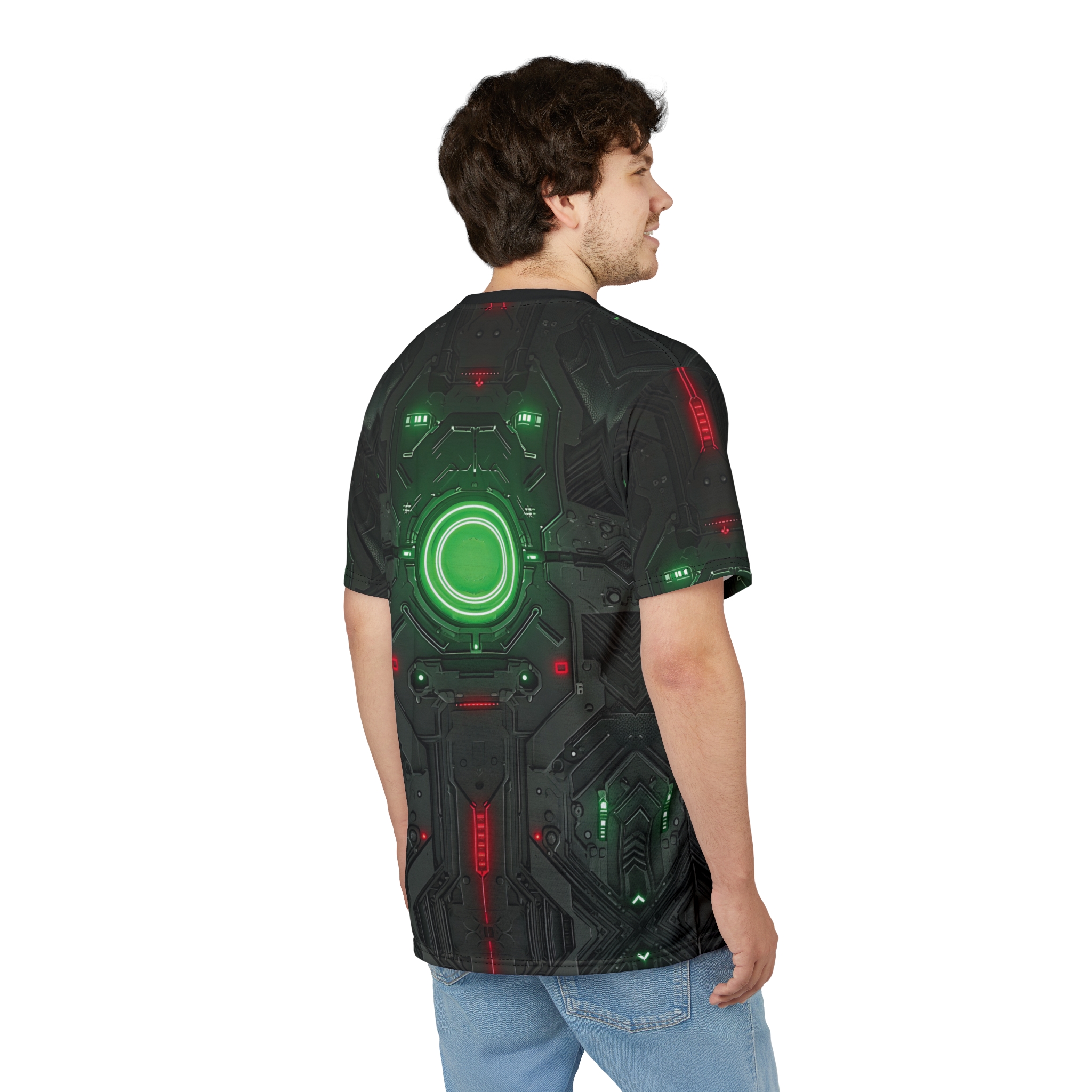 Dark gray with neon green and red circuitry patterns cover this oversized full print tee, depicting a futuristic robotic armor design with a central glowing green circle.