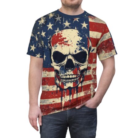 Bold Patriotic 4th July Skull Graphic Tee - Unisex All Over Print T-Shirt for Independence Day and Casual Wear – high-quality graphic streetwear t-shirt