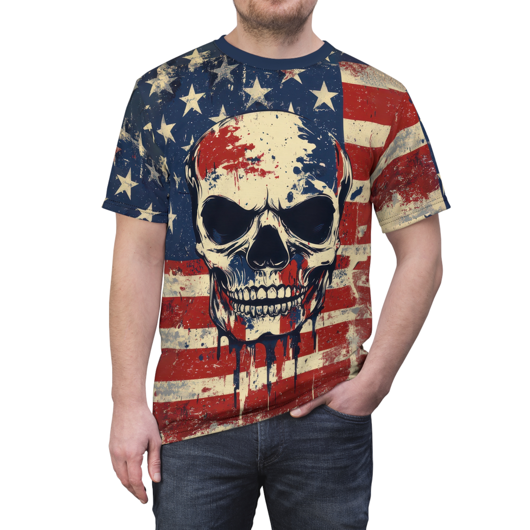 Patriotic 4th July Skull Graphic Tee - Unisex All Over Print T-Shirt for Independence Day and Casual Wear