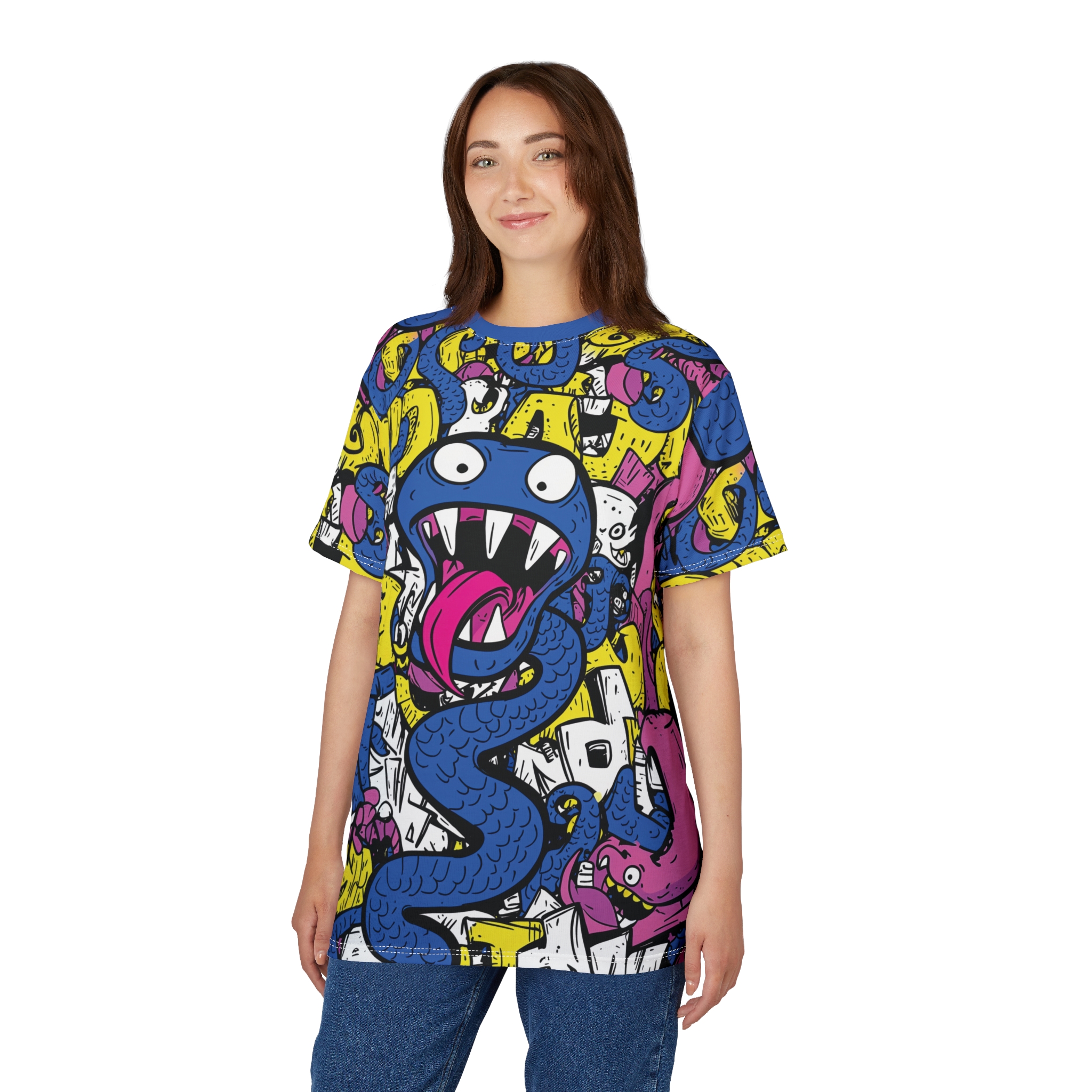 Comfortable Vibrant Graphic Tee with Monster Print - Unisex All Over Print T-Shirt – breathable cotton all-over design