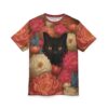 Rich coral, pink, and cream peonies, alongside bluebells and a black cat with amber eyes, cover this all over print apparel.
