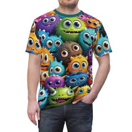 Premium Colorful Monster Print Unisex Tee for Fun Celebrations, Quirky Graphic Shirt, Novelty Gift for Kids & Adults, Playful Summer Wear – soft all-over print unisex tee