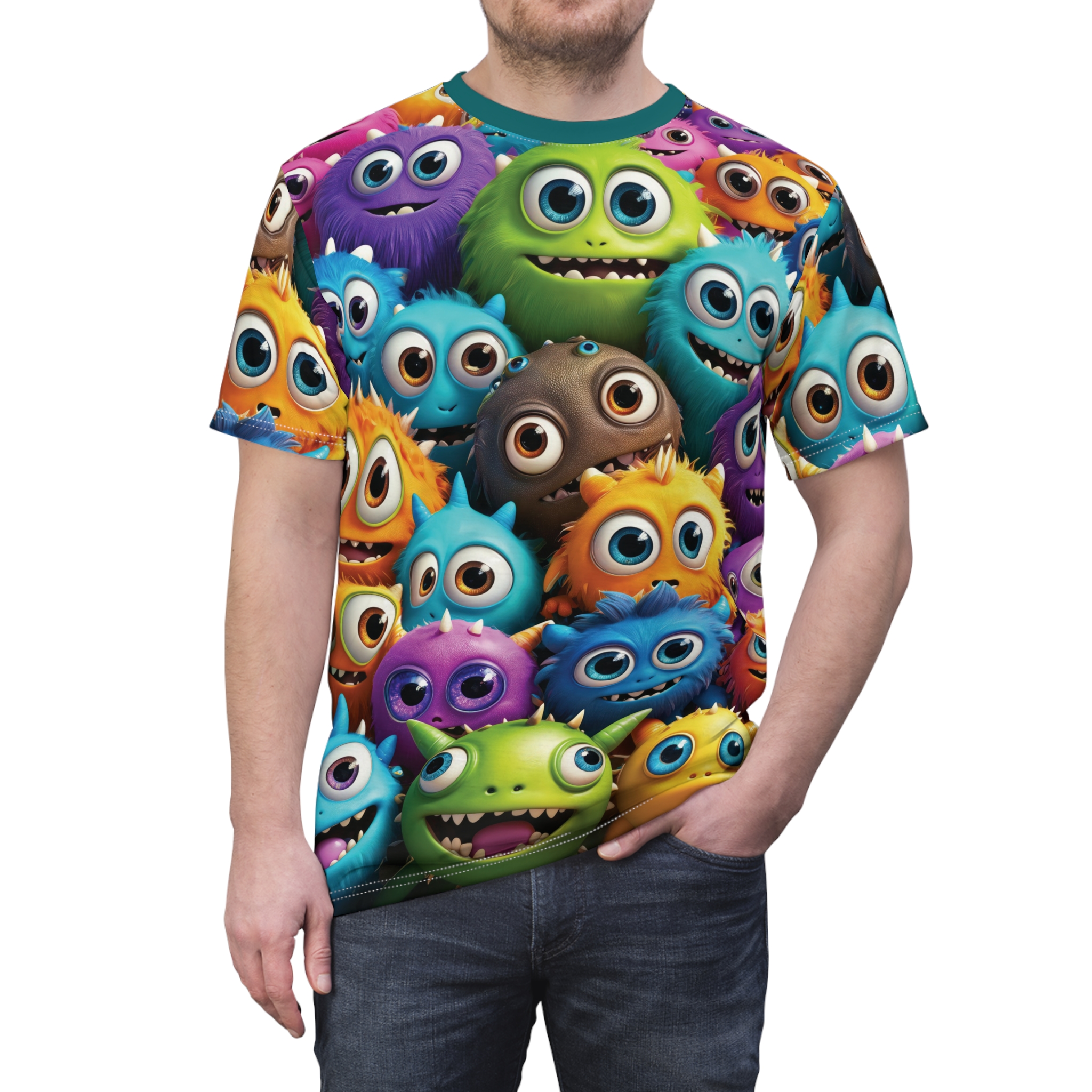 Premium Colorful Monster Print Unisex Tee for Fun Celebrations, Quirky Graphic Shirt, Novelty Gift for Kids & Adults, Playful Summer Wear – soft all-over print unisex tee