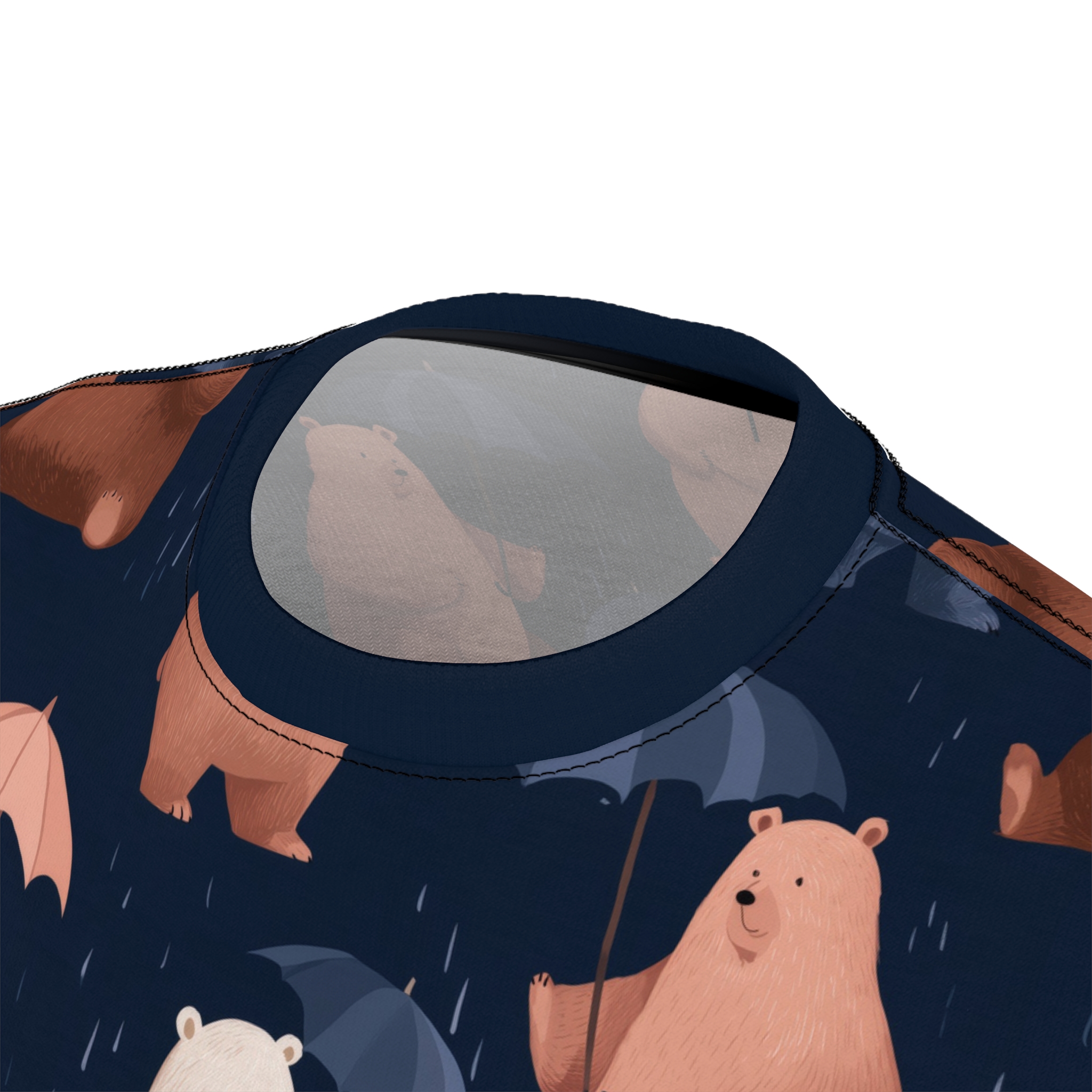 Dark navy background with cartoon bears and umbrellas, with white rain streaks.