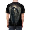 Black with celestial patterns, stars, and angelic figures, this t-shirt depicts a romantic scene between two winged beings.